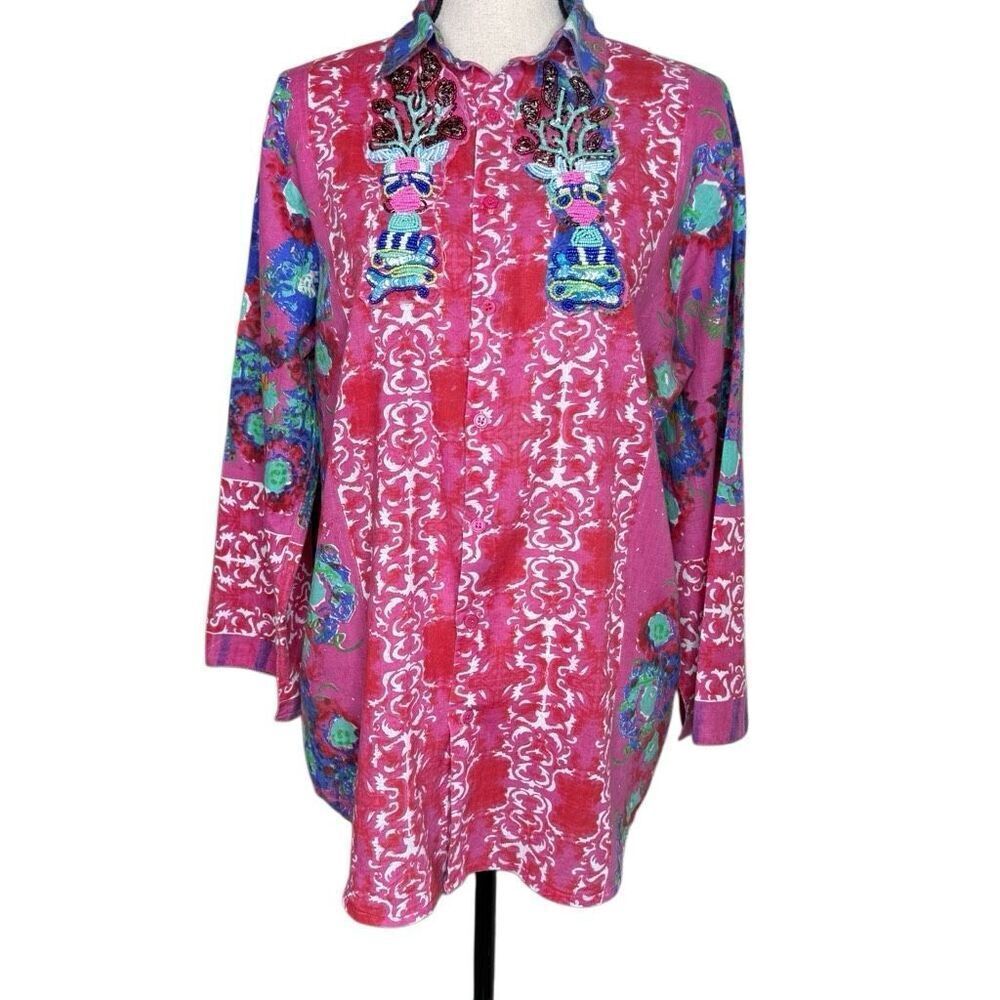 Antica Sartoria X Giacomo Cinque Top Pink & Green Beaded Tunic Size S/M Boho